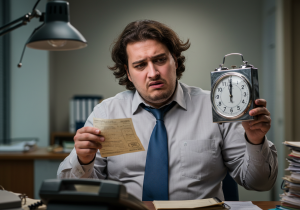 Frustrated employee reviewing hours worked due to unpaid overtime concerns